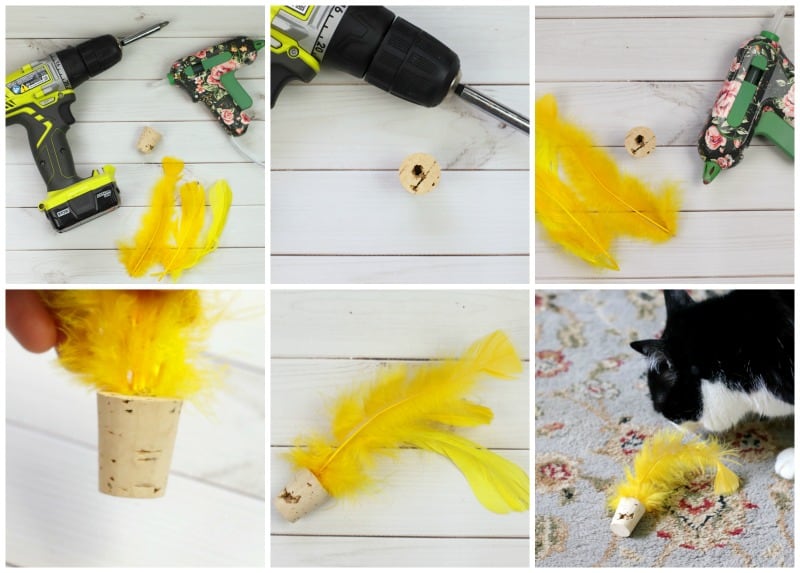 Step by step photos for making these cork cat toys