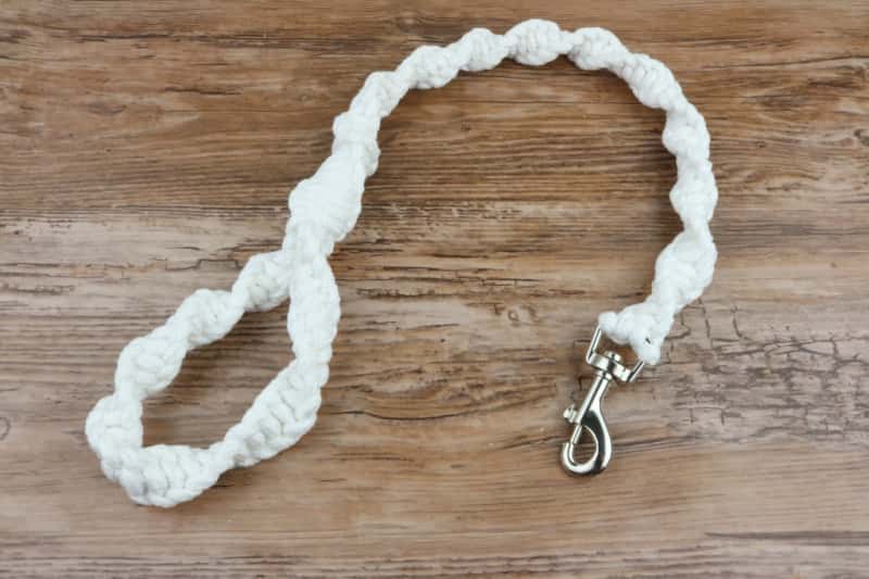 a white rope dog leash on a brown counter