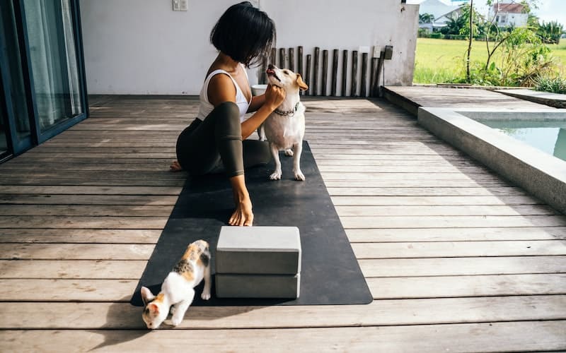 a woman doing yoga with pets