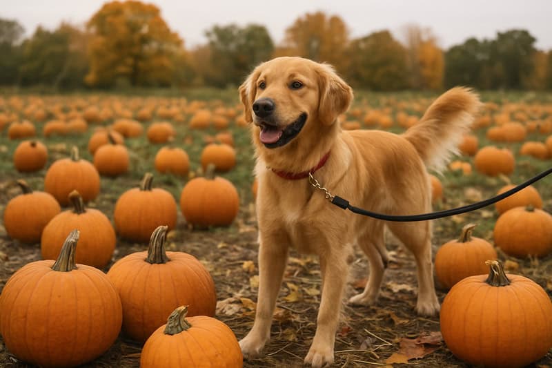 dog on a leash in a pumpkin patch
