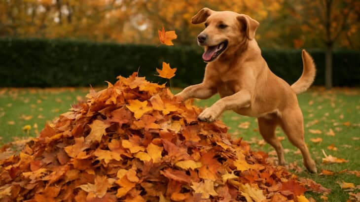 dog jumping in leaves
