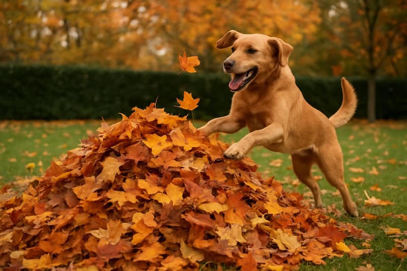 dog jumping in leaves