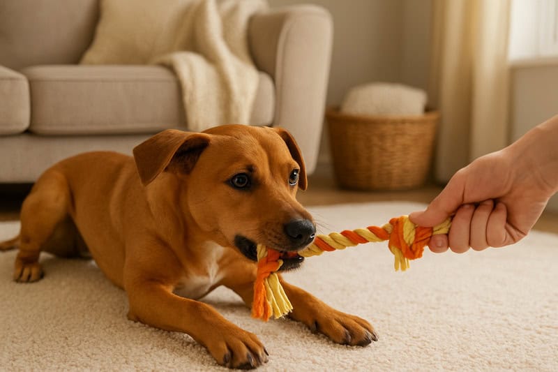 dog being entertained indoors