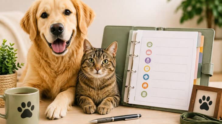 dog and cat with pet sitting supplies