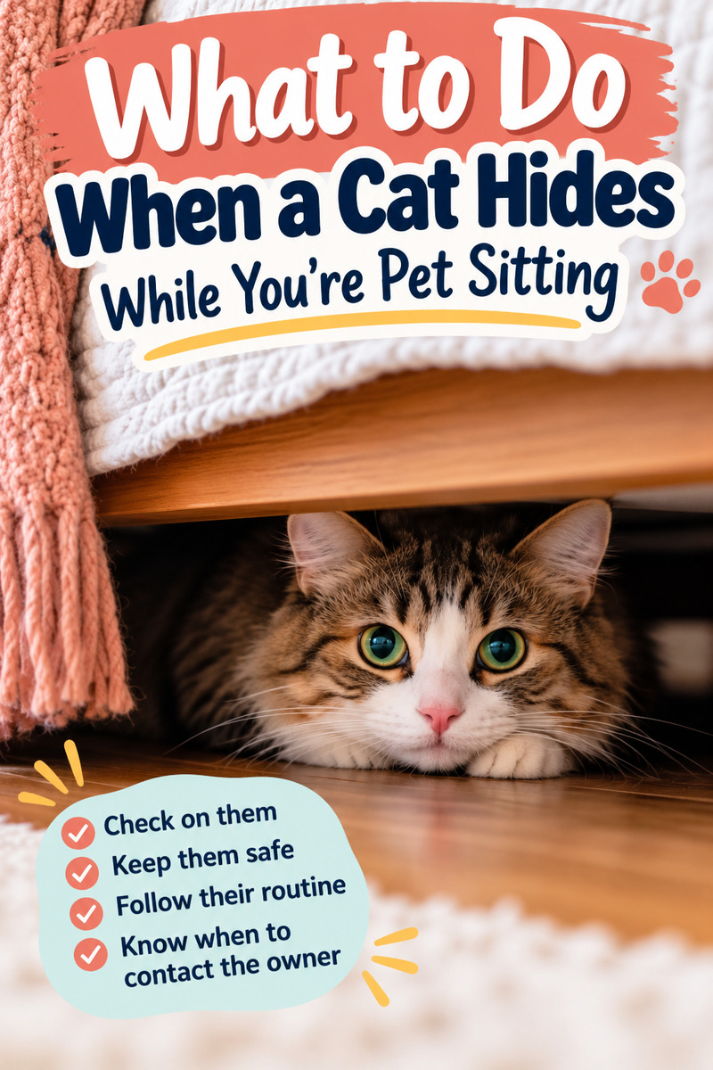 Pet sitting a shy cat that won't come out of hiding? 🐱 Learn what to do when a cat hides under the bed, how to make a nervous cat feel safe, and how to tell if they're eating and drinking. These practical cat sitting tips will help pet sitters care for frightened cats, communicate with owners, and recognize warning signs. Read these helpful tips before your next cat sitting visit! #PetSitting #CatSitting #ShyCats #PetSitterTips