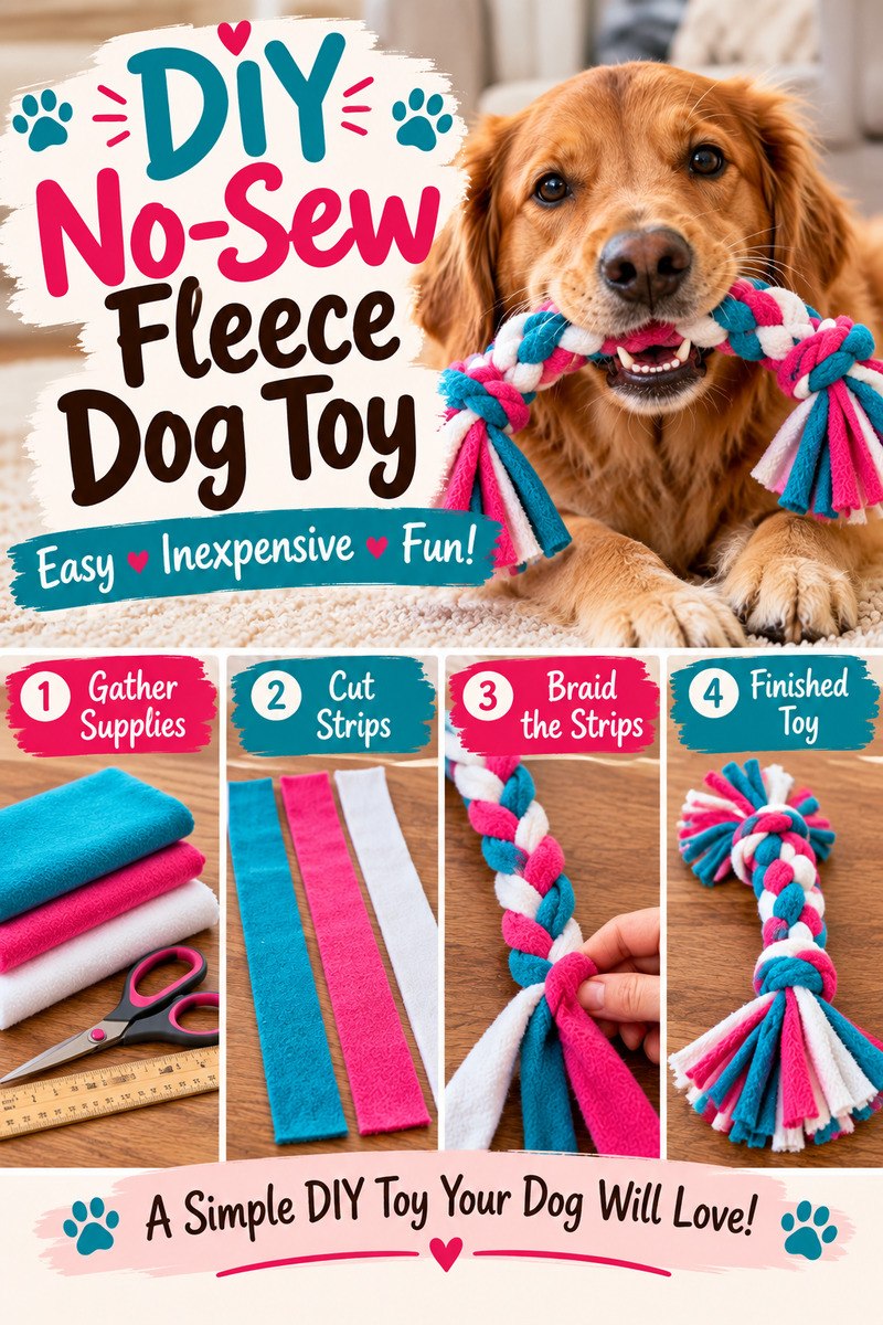 If you have a dog that loves tug toys, you can make a simple homemade version with just a few strips of fleece. This easy no-sew fleece dog toy doesn't require a sewing machine, glue, or any special crafting skills.