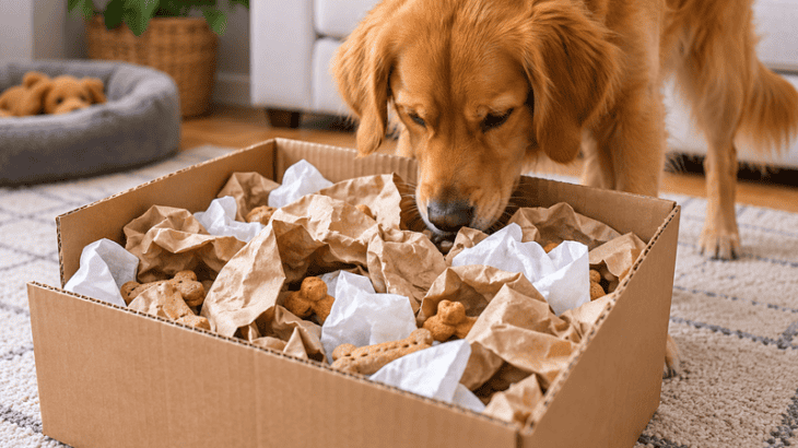 Golden Retriever Foraging Through Treat-Filled Box