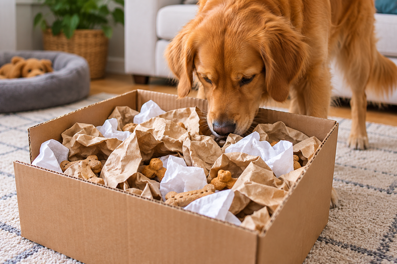 Golden Retriever Foraging Through Treat-Filled Box