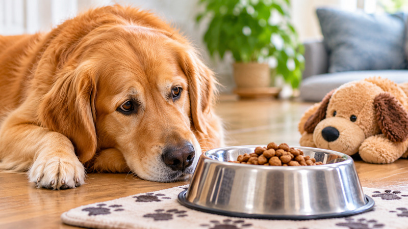 Sad Golden Retriever by the Food Bowl